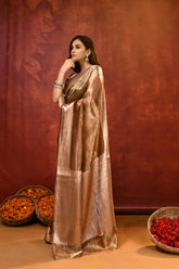 'Roshni' Mid Brown Pure Diamond Iktara Tissue Banarasi handloom saree